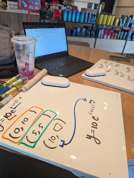 Whiteboard and laptop during an in-person tutoring session at a coffee shop
